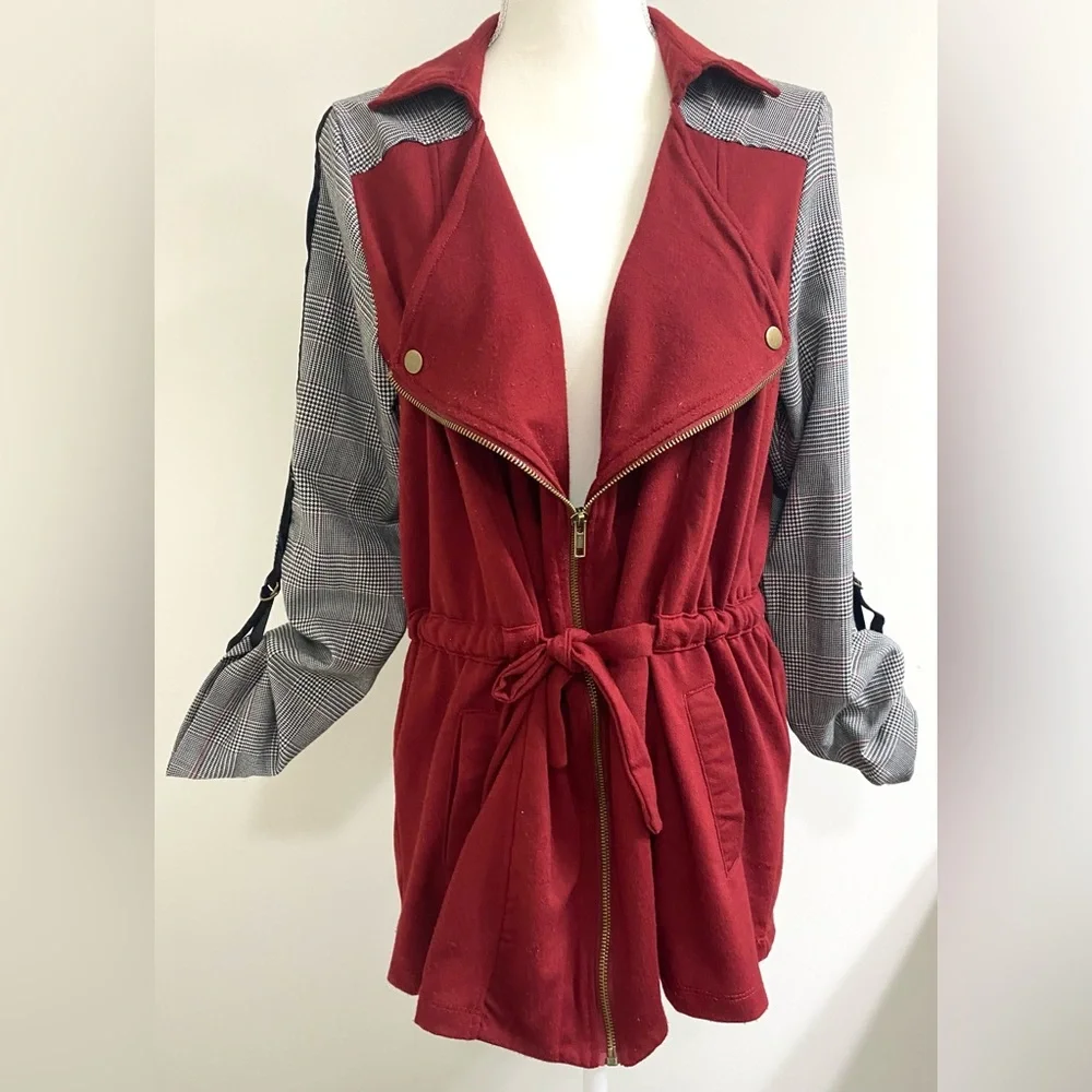 Tru Self Womens L Burgundy Black Herringbone Zip-Front Jacket Y2K Streetwear